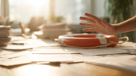 Hand reaching out near a lifebuoy on a table covered with papers in bright lightの素材