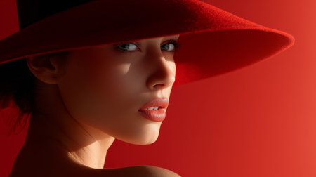 Model poses with a wide-brimmed hat in front of a red background at sunsetの素材