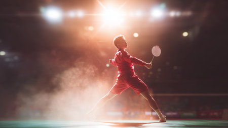 Badminton player competes in indoor court with bright lights above and smoke around in eveningの素材