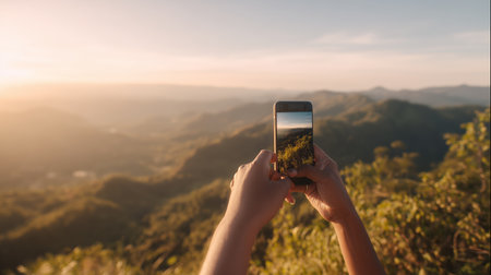 Taking a picture of a mountain landscape during sunset with a smartphone in handの素材