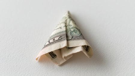 Folded dollar bill shaped like a small Christmas tree on a plain surfaceの素材