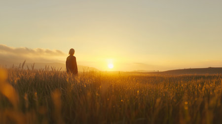 Sunset view over a field with a person standing alone in the distance during golden hourの素材