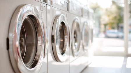 Washing machines in a laundromat during the day in a busy urban areaの素材