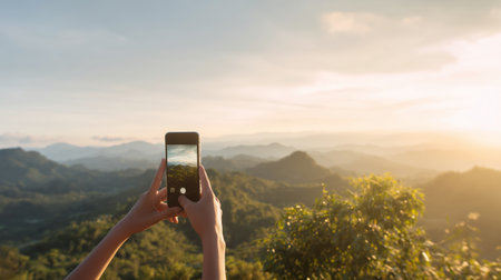 Person takes picture of mountains at sunset with smartphone in outdoor settingの素材