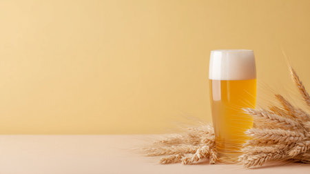 Glass of beer with golden wheat on a table against a plain backgroundの素材