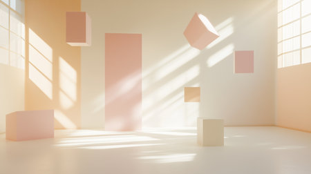 Shapes float in a light-filled room with soft pastel colors at middayの素材