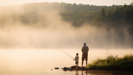 Fishing by the lake in the early morning with a child and an adultの素材