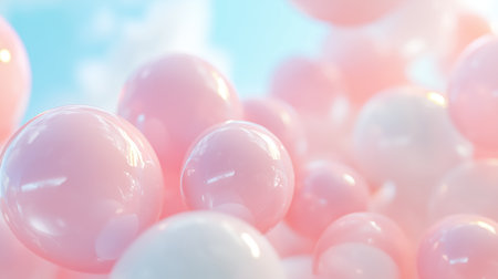 Bubbles float and reflect light under a blue sky during a bright dayの素材