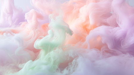 Colorful smoke swirls in soft shades hovering above a gentle backgroundの素材