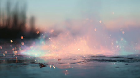 Water surface reflects colors at sunrise with mist and lights in the backgroundの素材