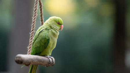 Green parrot sitting on a wooden perch during daylight in a garden settingの素材