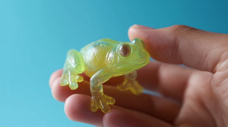 Bright colored plastic frog held in hand against a blue background during daytimeの素材