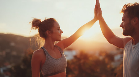Couple gives high five during sunset on a hill overlooking the cityの素材