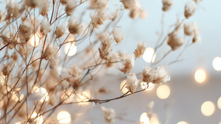 Delicate dried flowers with soft lights in the background during evening timeの素材