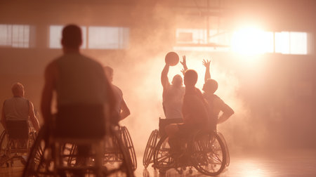 Players compete in wheelchair basketball during practice in a gym at sunsetの素材
