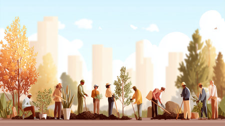 Community members plant trees in urban area during afternoon hours in fall seasonの素材