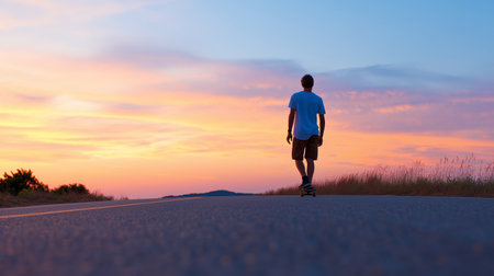 Skater rides down a road at sunset with a colorful sky in the backgroundの素材