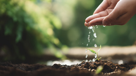 Watering a small plant in soil by hand in a garden during sunny daylight hoursの素材