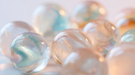 Colorful marbles on a surface showing reflections and textures during daylightの素材