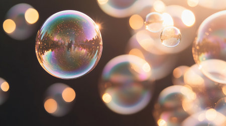 Bubbles floating in the air during a bright afternoon gatheringの素材