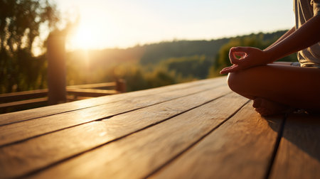 Person practices mindfulness meditation at sunset on a wooden deck overlooking natureの素材