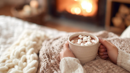 Enjoying hot chocolate by the fireplace on a cozy winter evening with warm blanketsの素材