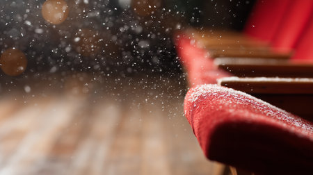 Snow falls inside a theater as empty red chairs await guests before a performanceの素材