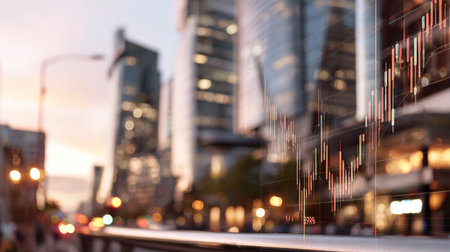 Stock market data overlaid on city skyline during sunsetの素材
