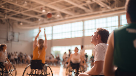 Players engage in wheelchair basketball at a sports facility during afternoon practiceの素材