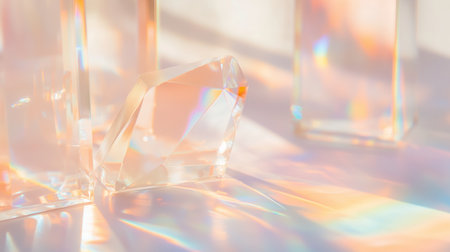 Light refracts through clear crystals in bright sunlight creating color patterns on a surfaceの素材
