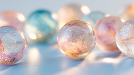 Colorful glass marbles arranged on a surface with a soft light shining throughの素材
