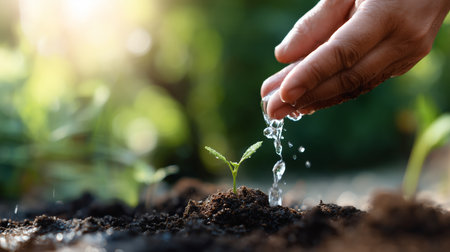 Hand watering a small plant in soil during daylight hours in a garden settingの素材