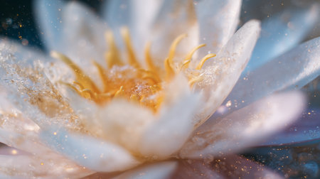 White water lily blooming in a pond during bright daylight hours with sparkling waterの素材
