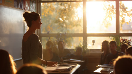 Teacher speaks to students in classroom during evening lightの素材