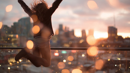 Jumping girl against city skyline during sunset with lights in the backgroundの素材