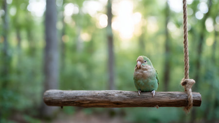 Green bird sits on wooden swing in forest during dayの素材