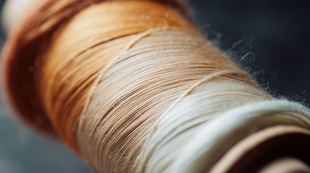 Close-up view of thread spools in different colors for sewing projects in a craft spaceの素材