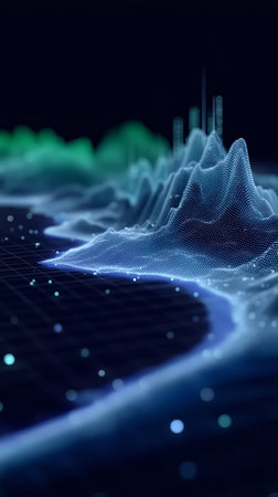 Colorful digital landscape shows a data visualization with hills and flowing linesの素材