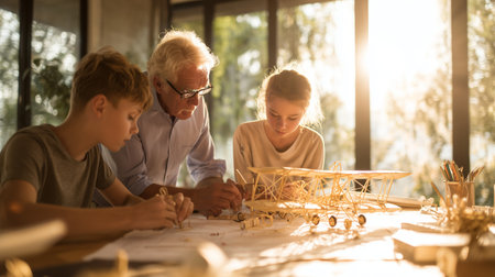 Older man teaches children to build model airplanes in bright room during afternoon sunlightの素材