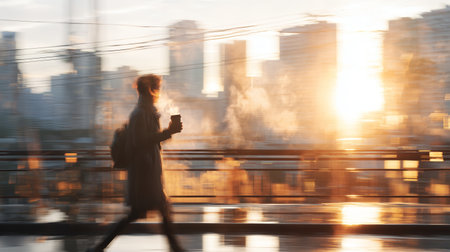 Person walks with coffee in hand during sunrise in a city on a chilly morningの素材