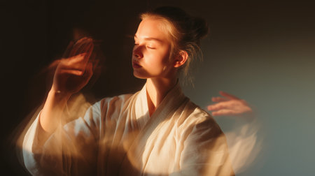 Person practices movement art in soft light setting during the dayの素材