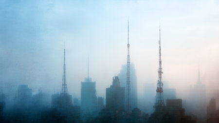 Fog covers city skyline with towers and antennas at twilight in urban areaの素材