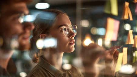 Team members brainstorm ideas on sticky notes in a bright office setting during the evening hoursの素材