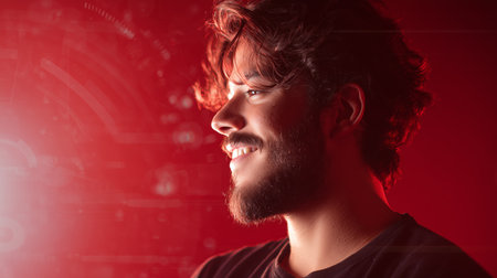Portrait of a young man smiling with side profile under red light at a studio settingの素材