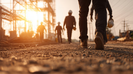 Construction workers walk towards the site during sunset near a building structureの素材