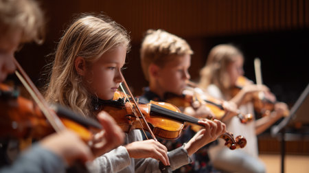 Young musicians play violins in a music hall during a practice session after schoolの素材