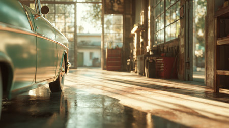 Classic car parked in a well-lit garage during late afternoonの素材