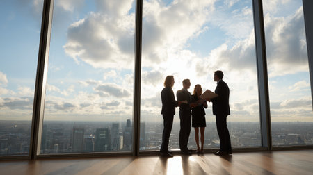 Business meeting with skyline view during daylight in a tall buildingの素材