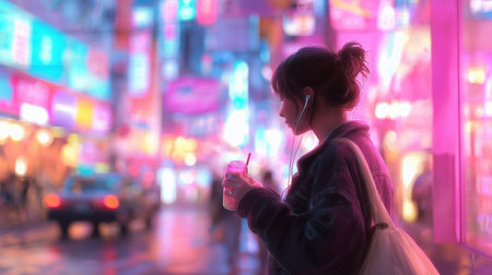 Young woman enjoys drink while standing in a busy neon-lit street at nightの素材