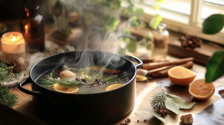 Heat from pot fills room as herbs and fruits simmer by the window in the kitchenの素材